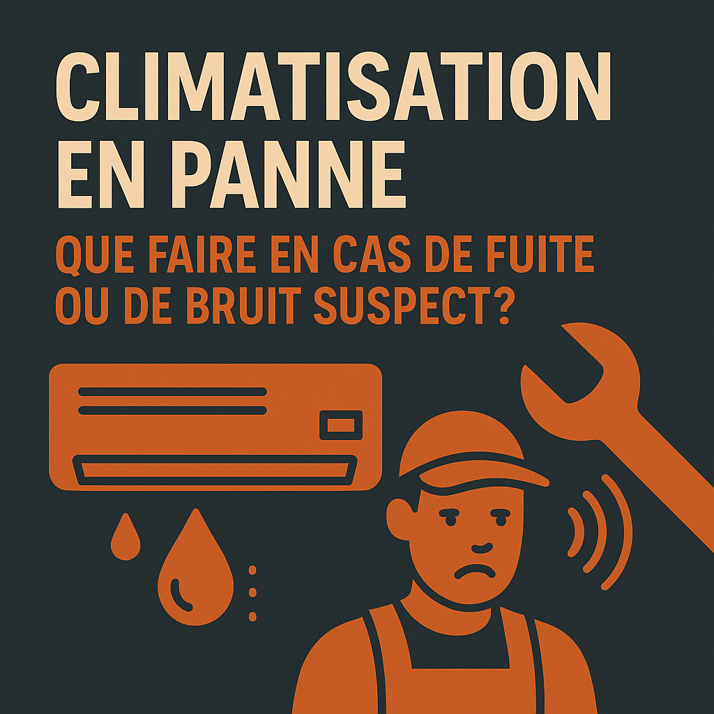 Climatisation en panne à Toulouse : que faire en cas de fuite ou de bruit suspect – illustration d’un climatiseur, d’un ouvrier et d’un outil, dans les couleurs noir et orange du site Les Bons Dépanneurs